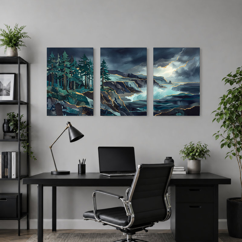Ensemble de 3 toiles bleu sarcelle avec vagues orageuses et or, 24"H x 16"W x 3pcs