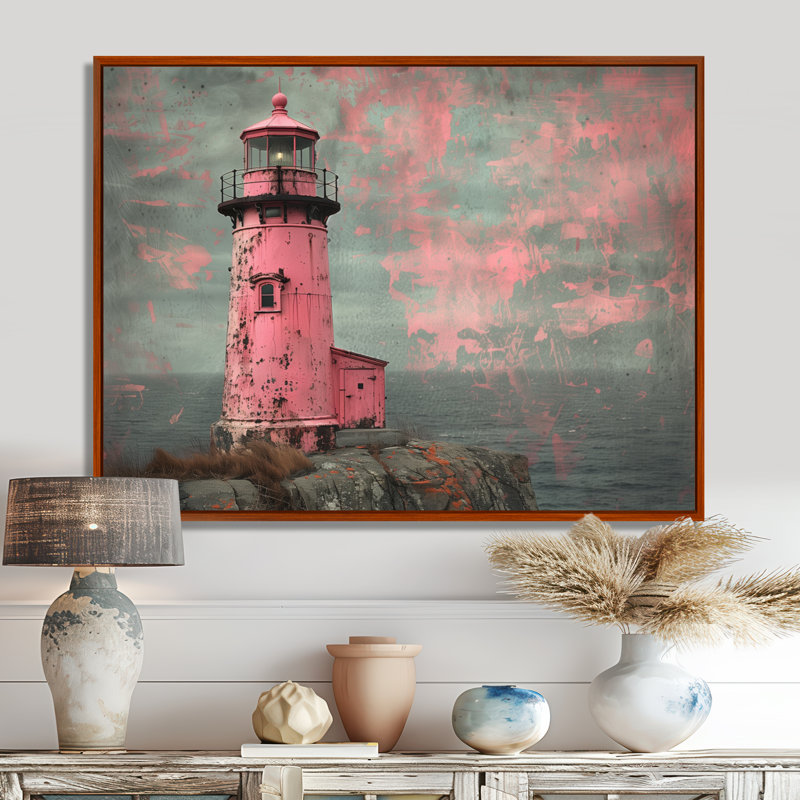 Art sur toile, phare rose et gris rétro, Cadre flottant brun, H 16 po x l 32 po