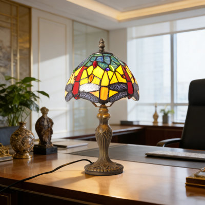 Stained Glass Dragonfly Table Lamp - Vintage Antique Metal Base Nightstand Lamp