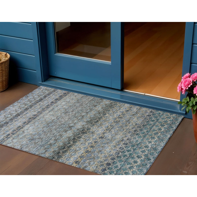3' X 5' Teal Blue Light Blue And Gray Striped Washable Indoor Outdoor Area Rug