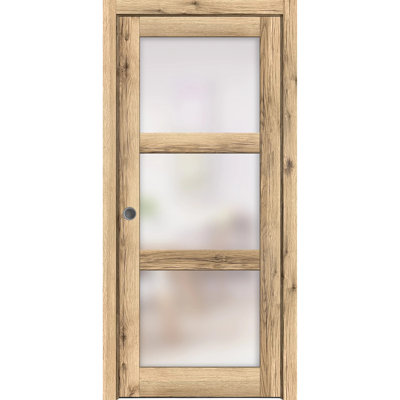 Porte coulissante à galandage en verre dépoli Lucia 2552, kit de moulures et quincaillerie en chêne massif pour chambre à coucher, portes robustes de 76 cm x 244 cm (30 po x 96 po).