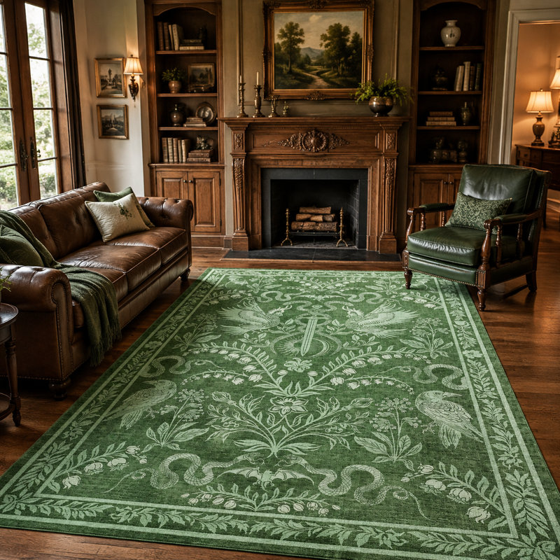 Tapis lavable à poils courts avec envers antidérapant Gothic Mythical Creature, Green, 9 x 12 pi
