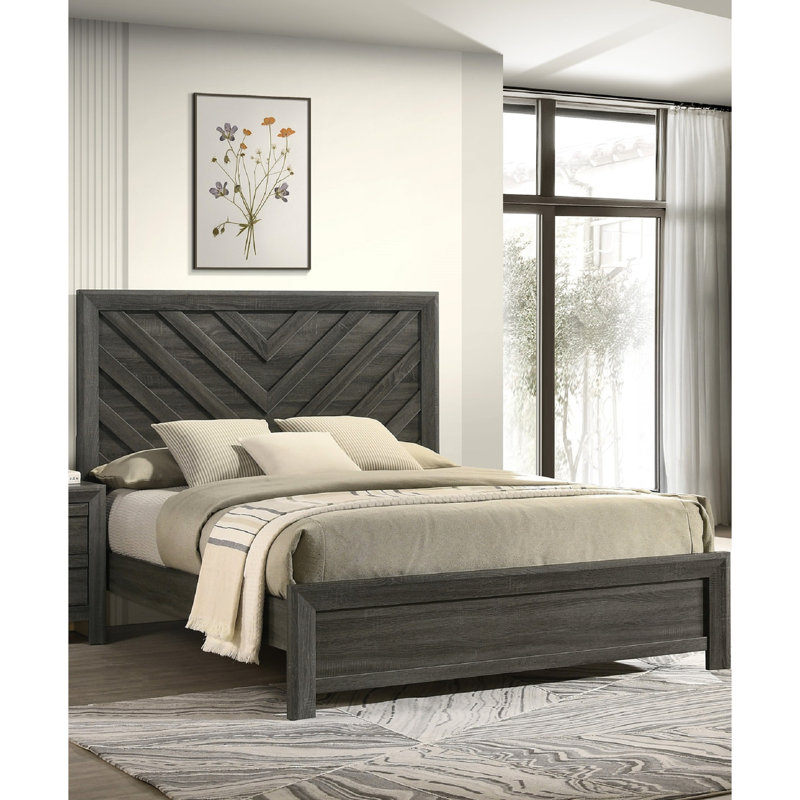 Lit double de style contemporain avec finition gris rustique, motif géométrique et structure de meuble de chambre à coucher en bois massif, pièce en bois