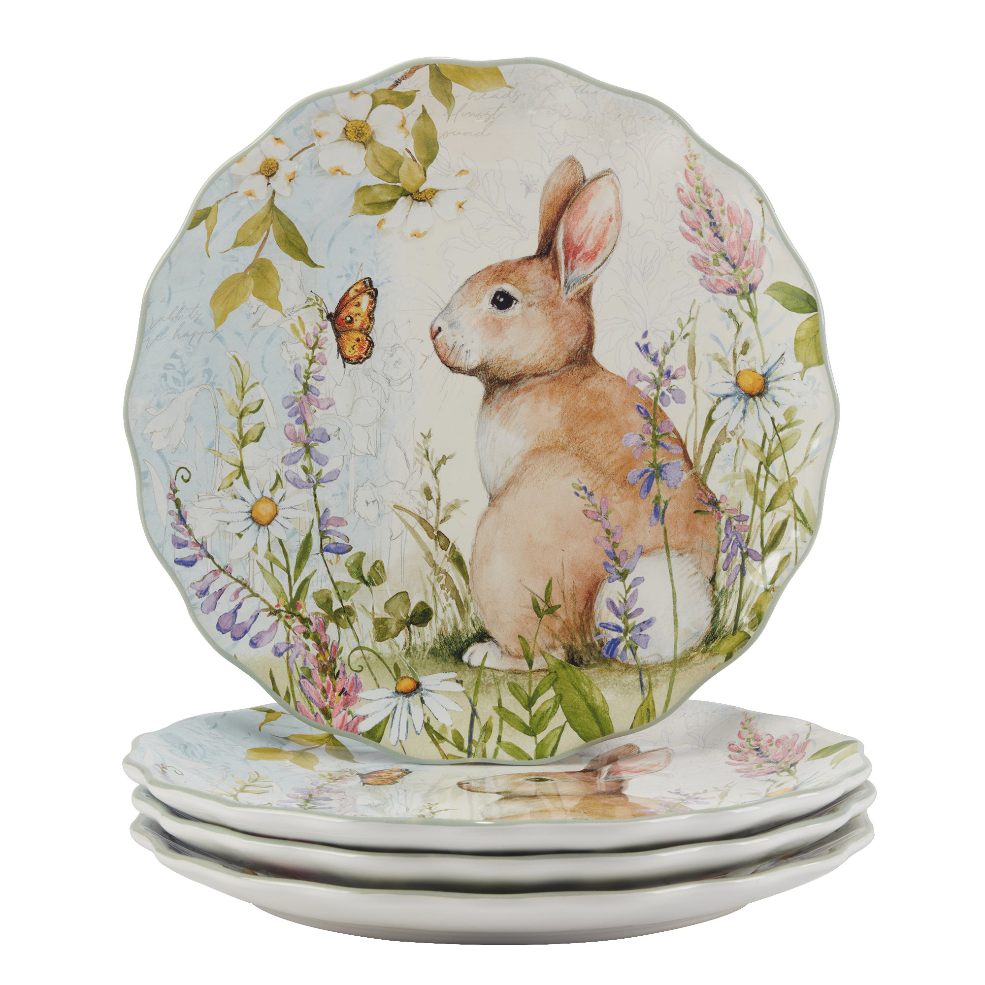Certified International Easter Meadow Set of 4 Dinner Plates Whimsical 11" Plates with Bunny, Butterfly & Wildflower Illustrations Perfect for Festive Easter Dinners & Springtime Family M...