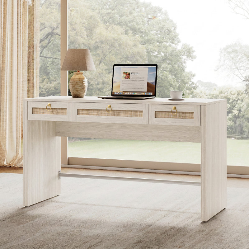 Pomodoro Boho Rattan 3-Drawer Storage Desk, White Cream Oak, 2 Pieces