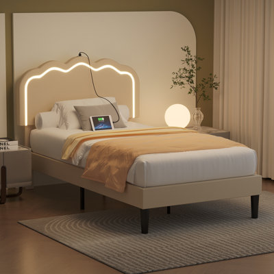 Audey Bed Frame with LED Light and Charging Station, Platform Bed with Upholstered Headboard, No Box Spring Needed by Lark Manor