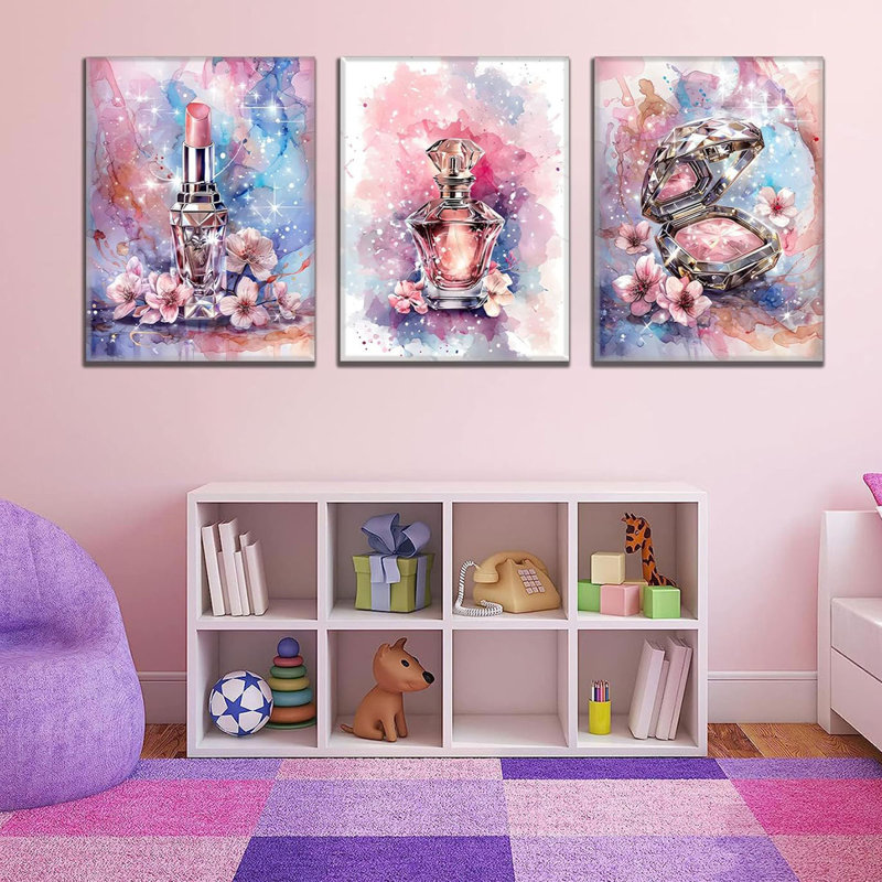 3Pcs Tween Teen Girls Bedroom Wall Art Youth Makeup Room Canvas Posters Pink Trendy Beauty Pictures Wall Decor Perfume Lipstick Cosmetics Prints Painting for Mature Girl Dorm Framed