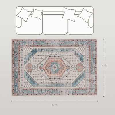 Tapis 4 x 6, tapis antidérapant vintage lavable à la machine pour le salon, la chambre à coucher, la salle à manger, brun et bleu