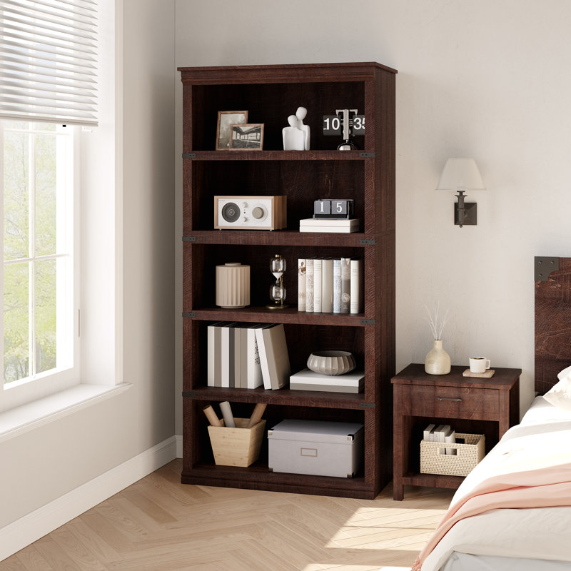 5-Tier Farmhouse Bookshelf, Rustic Bookcase with Storage Open Shelves & Anti-Tip Kit, Modern Wood 5 Shelf Display Shelves for Home Office Living Room, 67.4" H x 31.4" W x 12.7" D