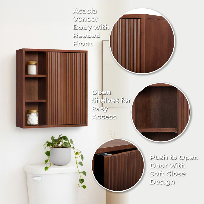 Tremolo Wall Bathroom Cabinet with Open Storage Compartments & 1 Fluted Door, Walnut