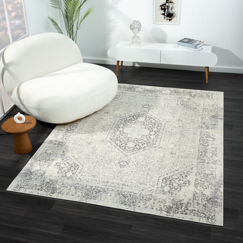 Tapis traditionnel gris / ivoire lavable à la machine, Rectangle 7 pi 10 po x 9 pi 10 po