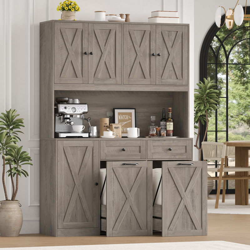 Armoire à poubelle à grande capacité avec tablette à micro-ondes et armoire de rangement autoportante, Gris