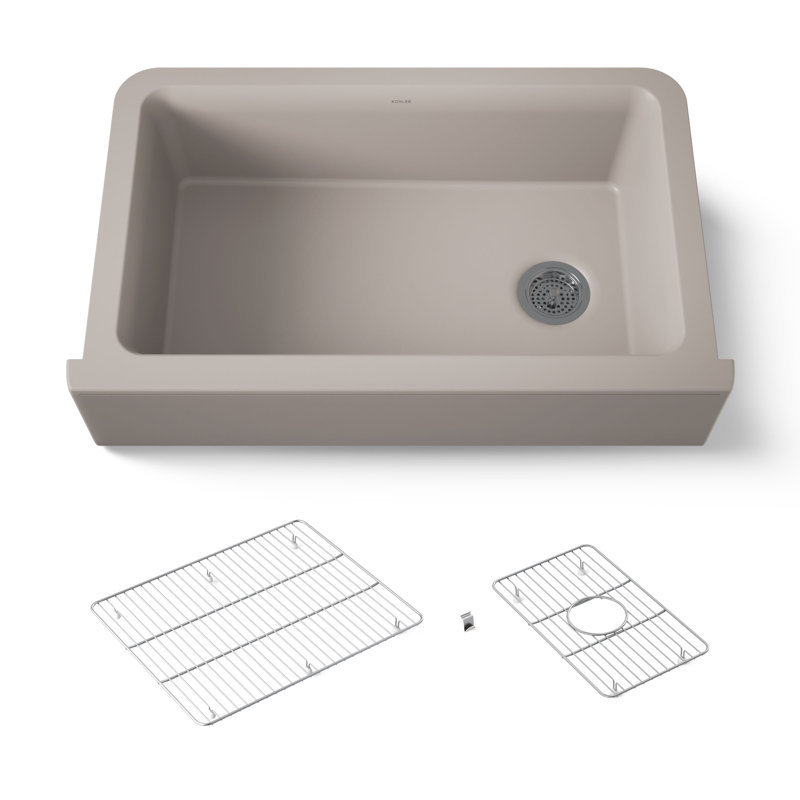 Cairn Undermount Single-Bowl Farmhouse Kitchen Sink with Faceted Design, Matte Taupe, Glossy