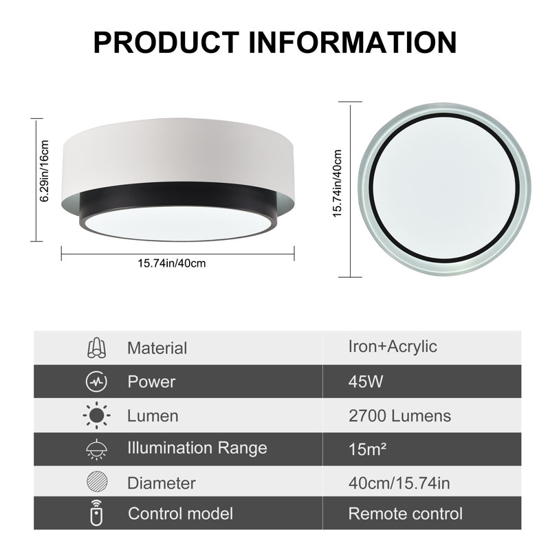 Jabran 1 - Light 15.74" White Round LED Dimmable Flush Mount with Remote