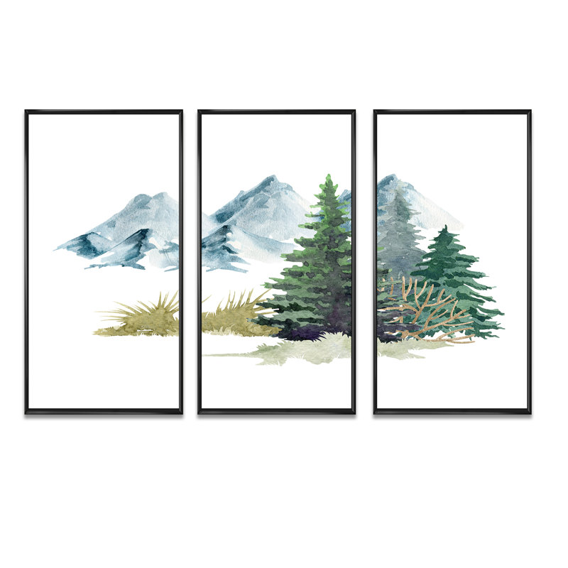 " Pine Trees In Mountain Landscape " 3 - Pieces Painting Print, Black Single Picture Framed, 28" H x 36" W