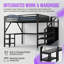 Lit superposé grand, structure en métal avec bureau en L et garde-robe, avec lumières DEL et ports USB, style minimaliste moderne