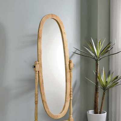 Grand miroir de plancher en bois naturel de 58,99 po de hauteur, ovale. Miroir réglable. S'incline librement à n'importe quel angle. Miroir de finition naturelle à assemblage rapide et facile, recommandé