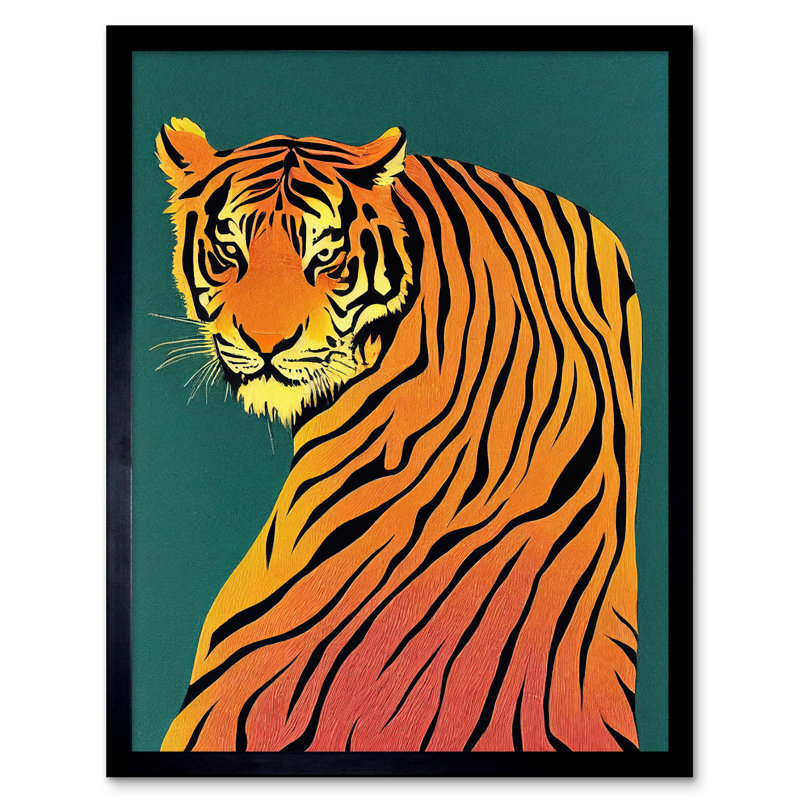 Modern Tiger Portrait On Teal Orange - Single Picture Frame Print