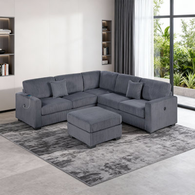 Canapé modulaire en forme de L 4 pièces avec repose-pieds et ports de charge USB, moderne