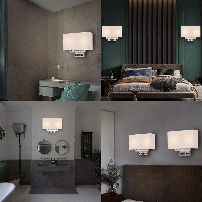 Modern White Fabric Shade Wall Sconce with USB Ports