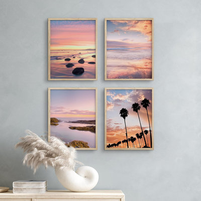 Vibrant Palm Tree Beach Shore Island Ocean Set of 4 Landscape Colourful Wall Decor Framed Prints