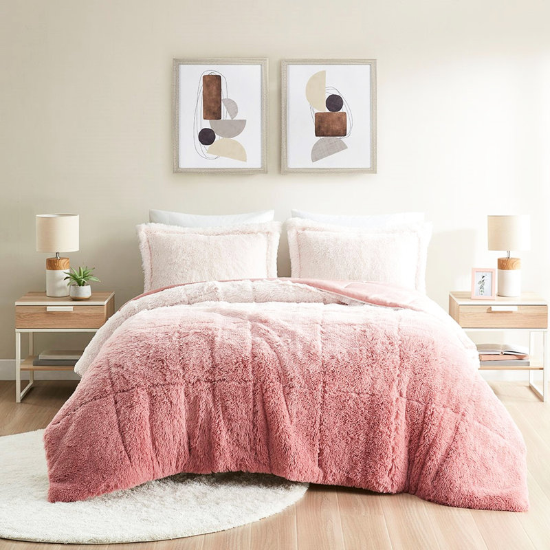 Full/Queen Shaggy Fur Comforter - , Ombre Style Faux Blush