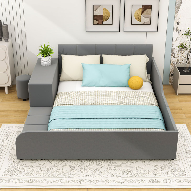 Wakeeny Velvet Upholstered Platform Bed with Bedside Desk, Gray, Full / Double