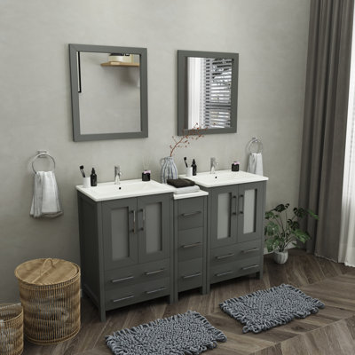 Ensemble de meuble-lavabo autoportant à double cuve 60 po avec plateau en céramique et miroirs assortis Brescia
