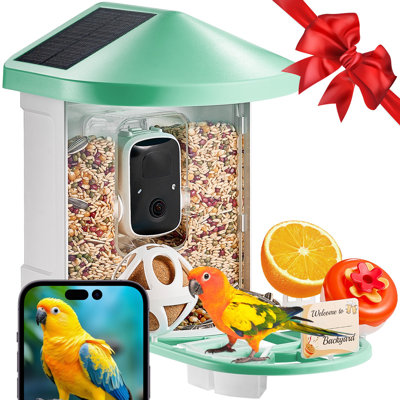 Mangeoire à oiseaux intelligente avec caméra, 2K HD AI Identifier plus de 10000 espèces d'oiseaux, caméra d'observation d'oiseaux à énergie solaire avec capture automatique et notification instantanée, cadeau extérieur sans fil pour les amoureux des oiseaux (2 panneaux solaires)