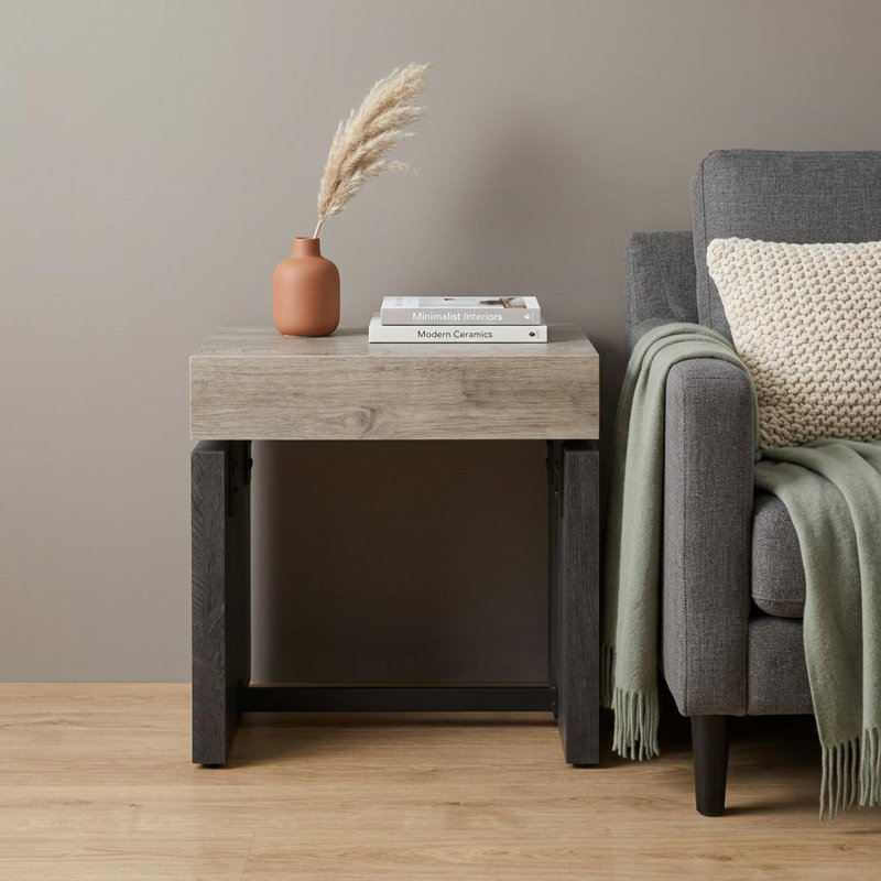  Transitional 20" Natural Wood and Iron Square End Table