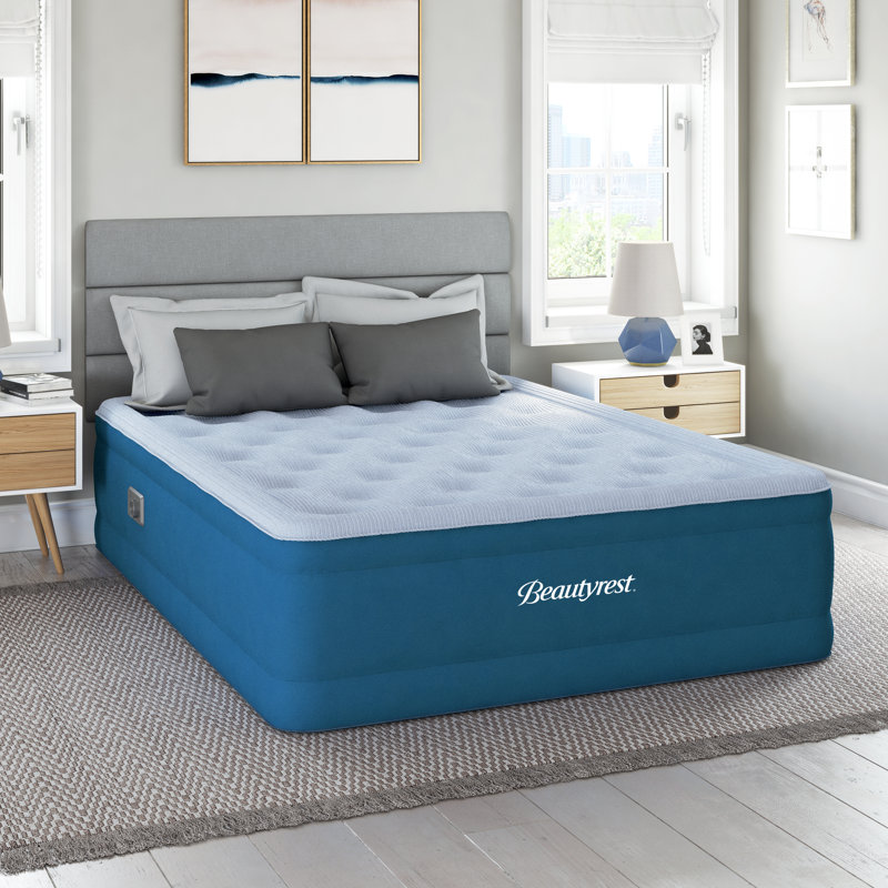 Queen Blue Raised Inflatable Air Mattress with Built-in Pump