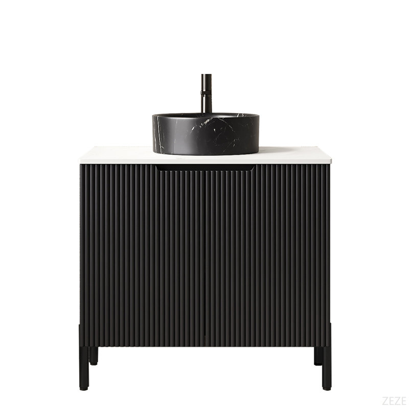 Meuble-lavabo de salle de bain 24 po avec lavabo, meuble de rangement autoportant avec 2 portes, lavabo rond en céramique noire avec motif en pierre et comptoir en pierre frittée blanc de Carrare, sans robinet