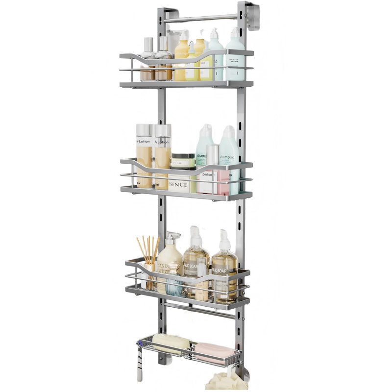 Serviteur de douche au-dessus de la porte, organisateur de suspension réglable avec porte-savon, 4 niveaux (argent), Argent