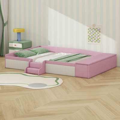 Upholstered Daybed With Stairs, Floor Bed With Lift Storage Ottoman And Padded Guardrails