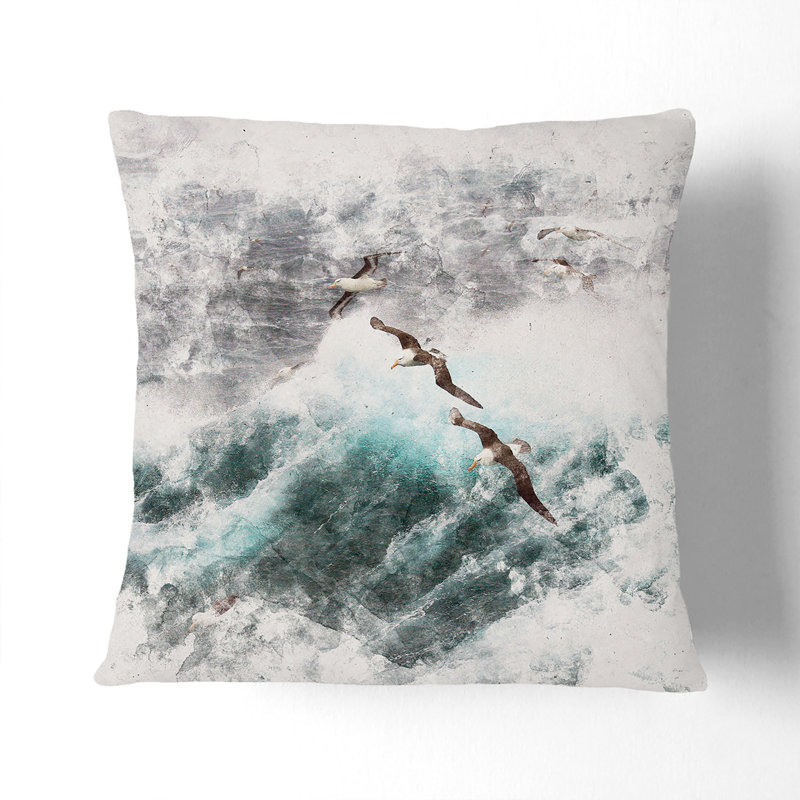 Seagulls Above the Ocean Cushion with Filling, 40cm H x 40cm W x 15cm D, White