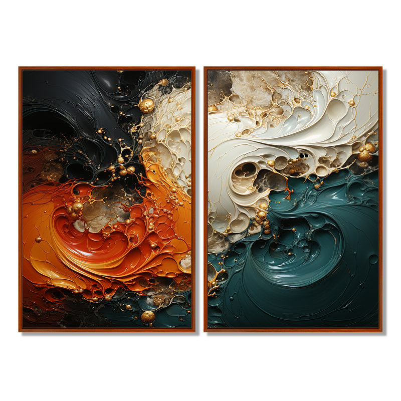 «Orange and Gold Marble Lava II», reproduction d'art sur toile, H 36 po x l 48 po, Impression encadrée flottante, Brun