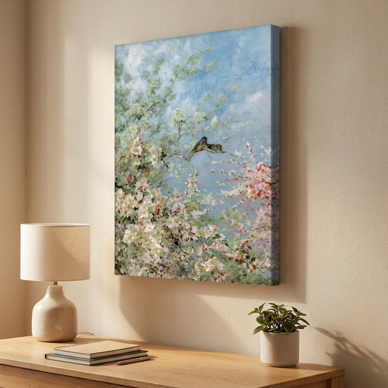 Deux oiseaux sur une branche en fleurs, peinture impressionniste sur toile tendue - H 36 po x l 24 po