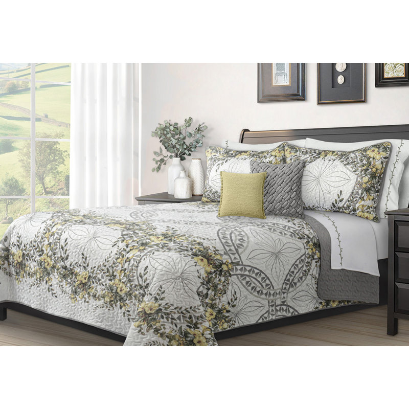 King Size Yellow Floral Microfiber Quilt Set