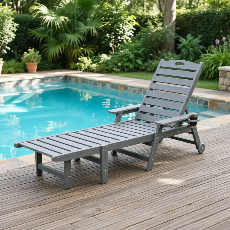 Méridienne en PEHD pour l'extérieur, chaises longues pour piscine avec dossier réglable à 4 positions, supporte jusqu'à 360 lb pour la terrasse au bord de la piscine (gris)