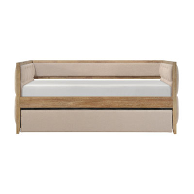 1Pc Modern Daybed With Pull-Out Trundle Beige Boucle Tufted Bedroom Living Room Transitional Style Furniture Natural Finish