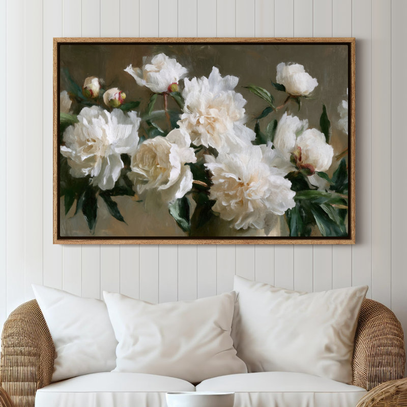 Art mural sur toile encadrée - Bouquet de pivoines blanches luxuriantes avec feuilles vert chaud - 16 po x 24 po, 24 po x 36 po