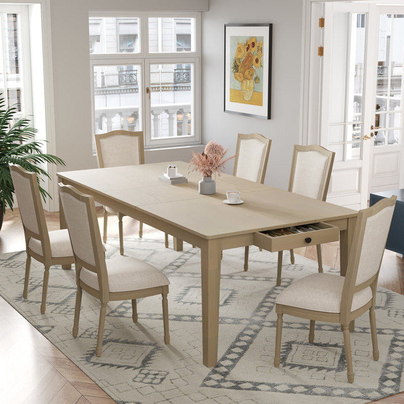 Ensemble de table de salle à manger extensible 7 pièces 78,1 pouces avec rallonge amovible de 18 pouces, 6 chaises de salle à manger rembourrées, 2 tiroirs intégrés