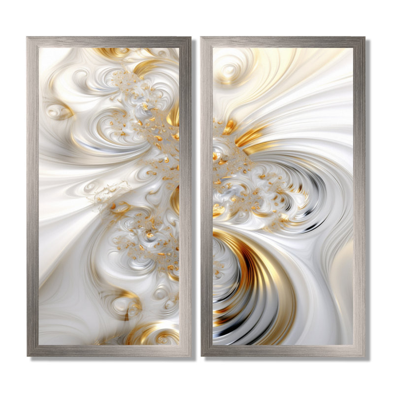 «Whirling River Dynamics Gold and White - Abstract Spirals, impressions sur toile, art mural abstrait blanc 2 panneaux