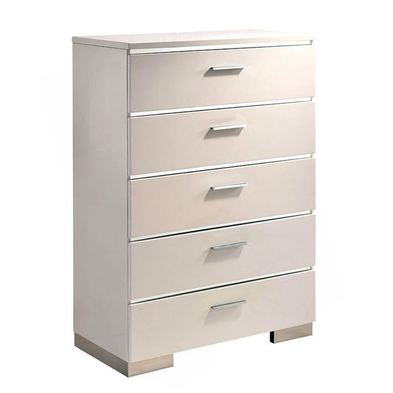 Commode 1 pièce à cinq tiroirs de style contemporain avec accents chromés blanc brillant et finition chromée