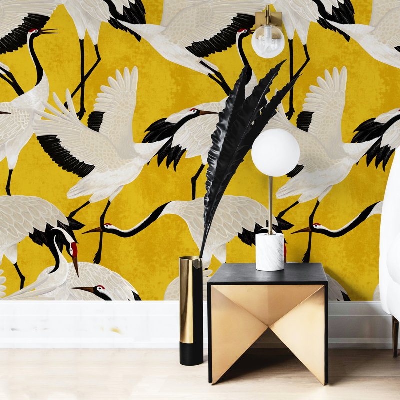 Gold Herons Chinoiserie Wallpaper Yellow and Black