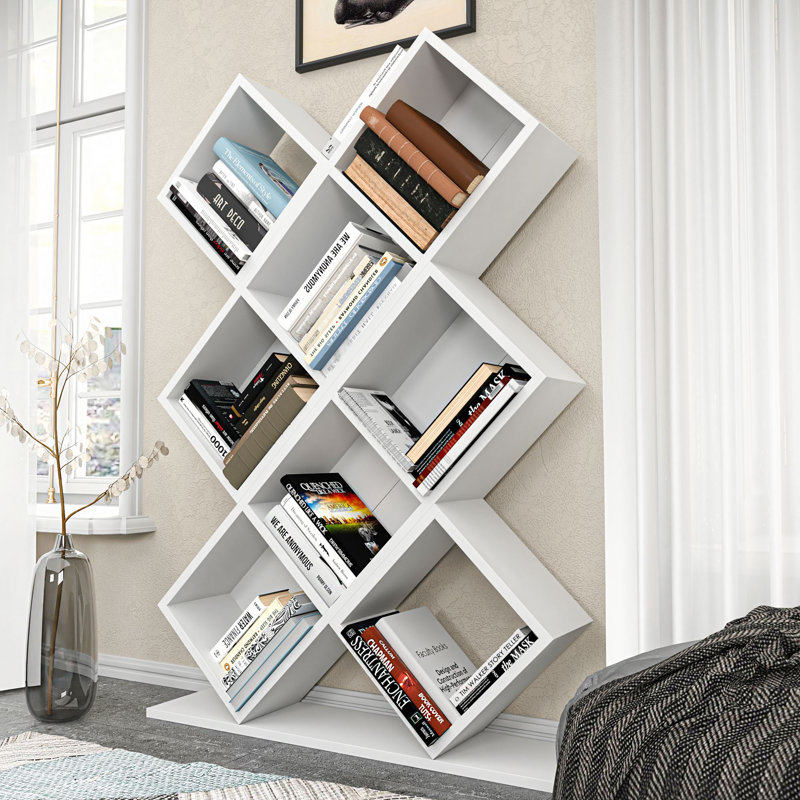 Modern White Bookshelf, 100% Melamine Coated Particle Board, 35.4 x 50.8 x 7.7 inches | Numerous Shelves | Wall-Mountable | Stylish Geometric Design for Home or Office | Durable & Elegant Storage Solution