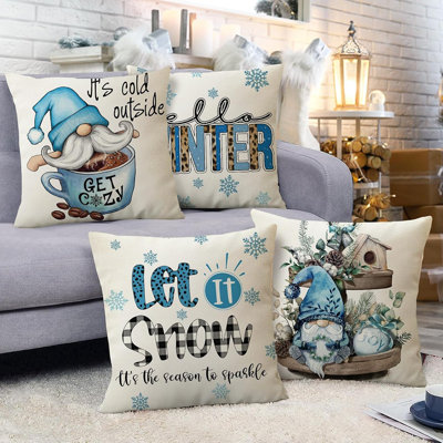 Winter Penguin Pillow Covers - Blue - 18X18, Set Of 4, Snowflake & Snowy Christmas Design, Decorative Throw For Sofa, Couch, Or Outdoor Seating