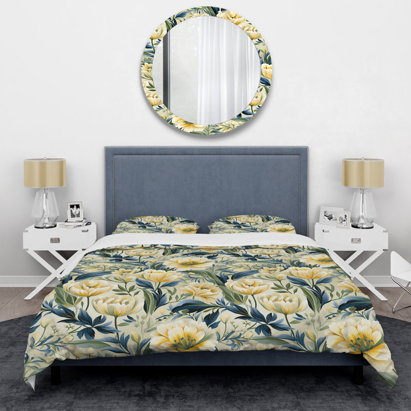 Ensemble de housse de couette à motif floral jaune et vert Ikat Haven, Housse de couette simple + 1 taie décorative stan