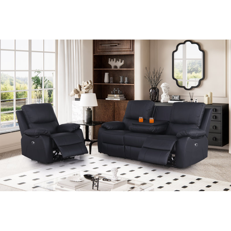 Ahni 2-Piece Genuine Leather Pillow Top Arm Recliner Sofa Set, Black Genuine Leather