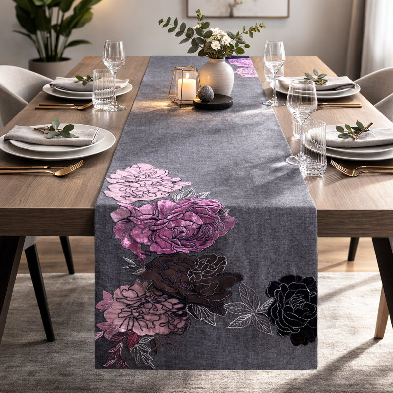 Velvet Table Runner with Floral Embroidery for Elegant Dining Table Centerpiece and Christmas Home Decor